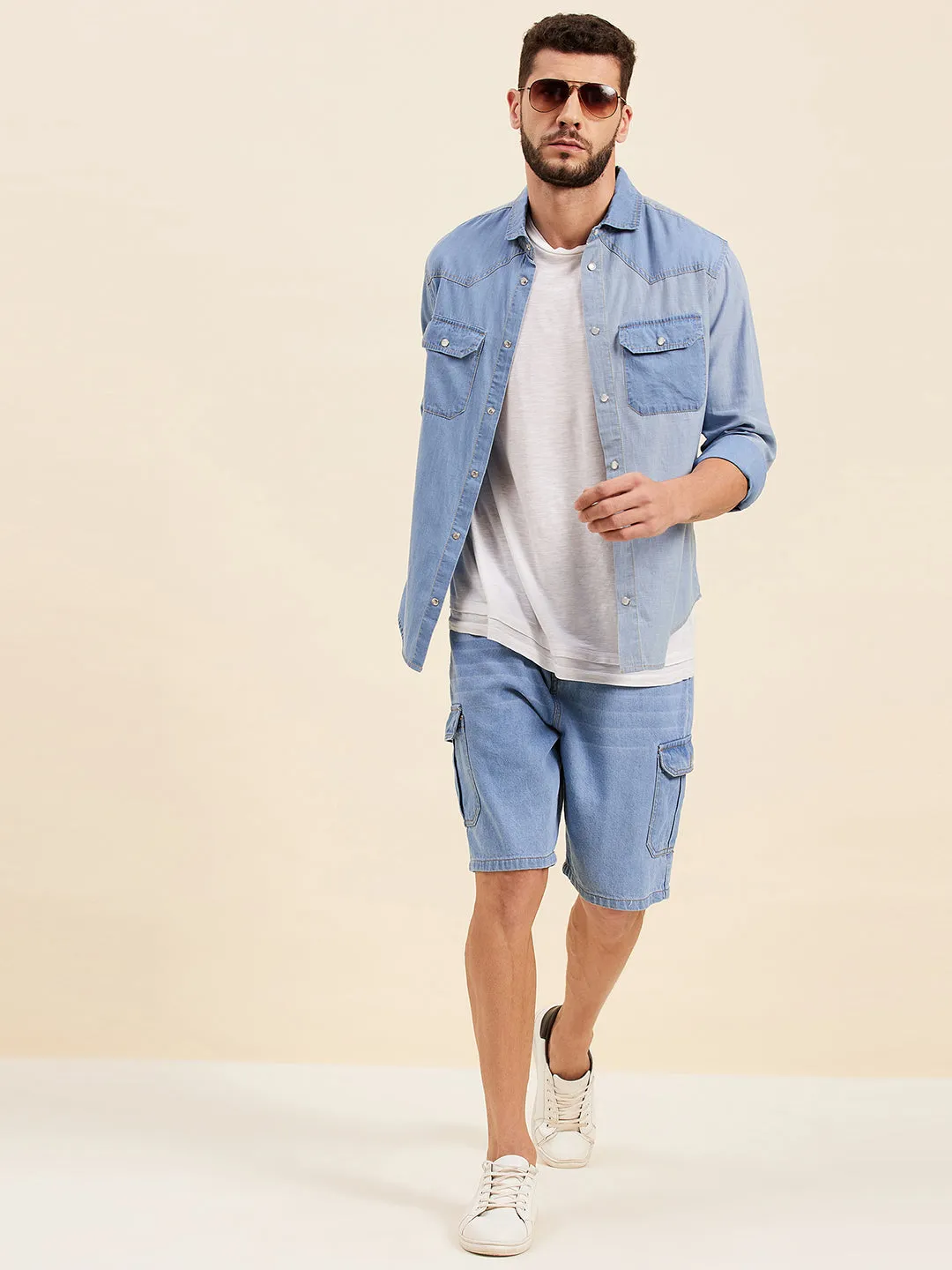 Men Blue Denim Box Pocket Shorts