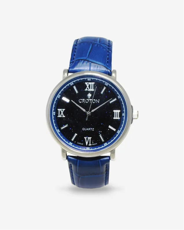 Men's Stainless Steel Quartz Watch with Blue Goldstone Glass Dial & Leather Strap