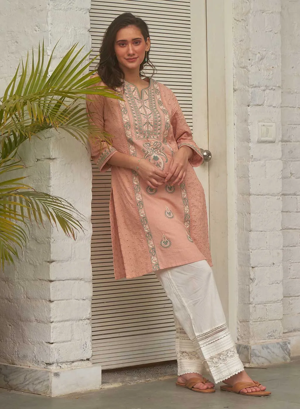 Peach Embroidered Nargis Kurta