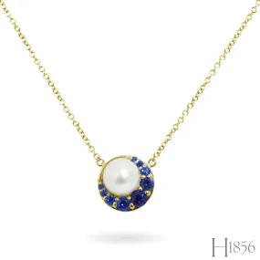 Pearl and Sapphire Crescent Moon Necklace