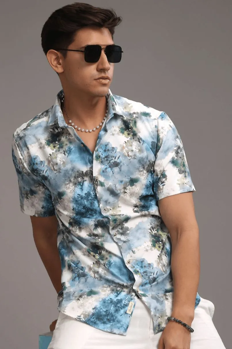 Pearl Blue Leaf Printed shirt - Half - Wrinkle Free