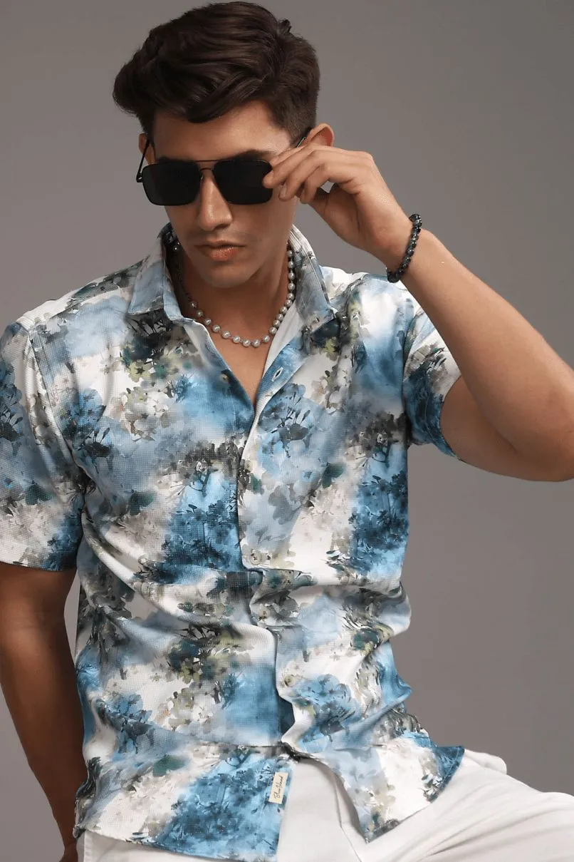 Pearl Blue Leaf Printed shirt - Half - Wrinkle Free