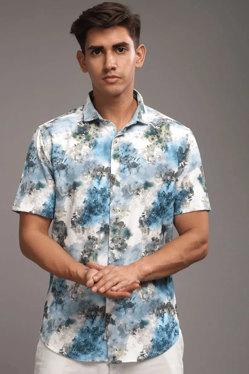 Pearl Blue Leaf Printed shirt - Half - Wrinkle Free