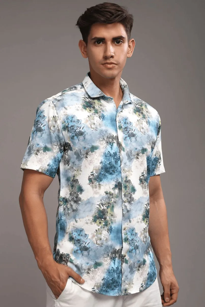 Pearl Blue Leaf Printed shirt - Half - Wrinkle Free