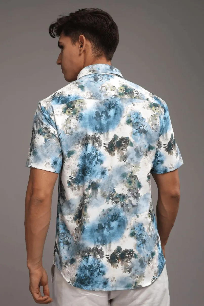 Pearl Blue Leaf Printed shirt - Half - Wrinkle Free