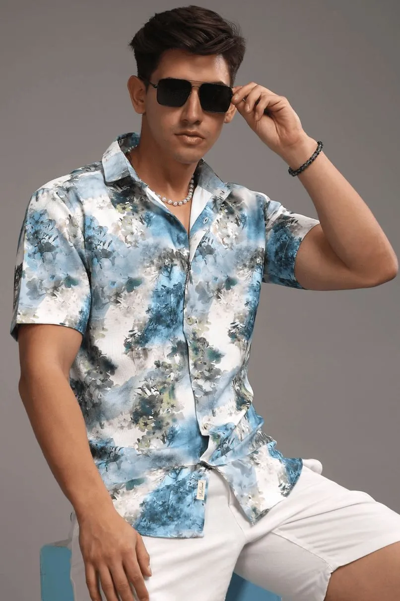 Pearl Blue Leaf Printed shirt - Half - Wrinkle Free