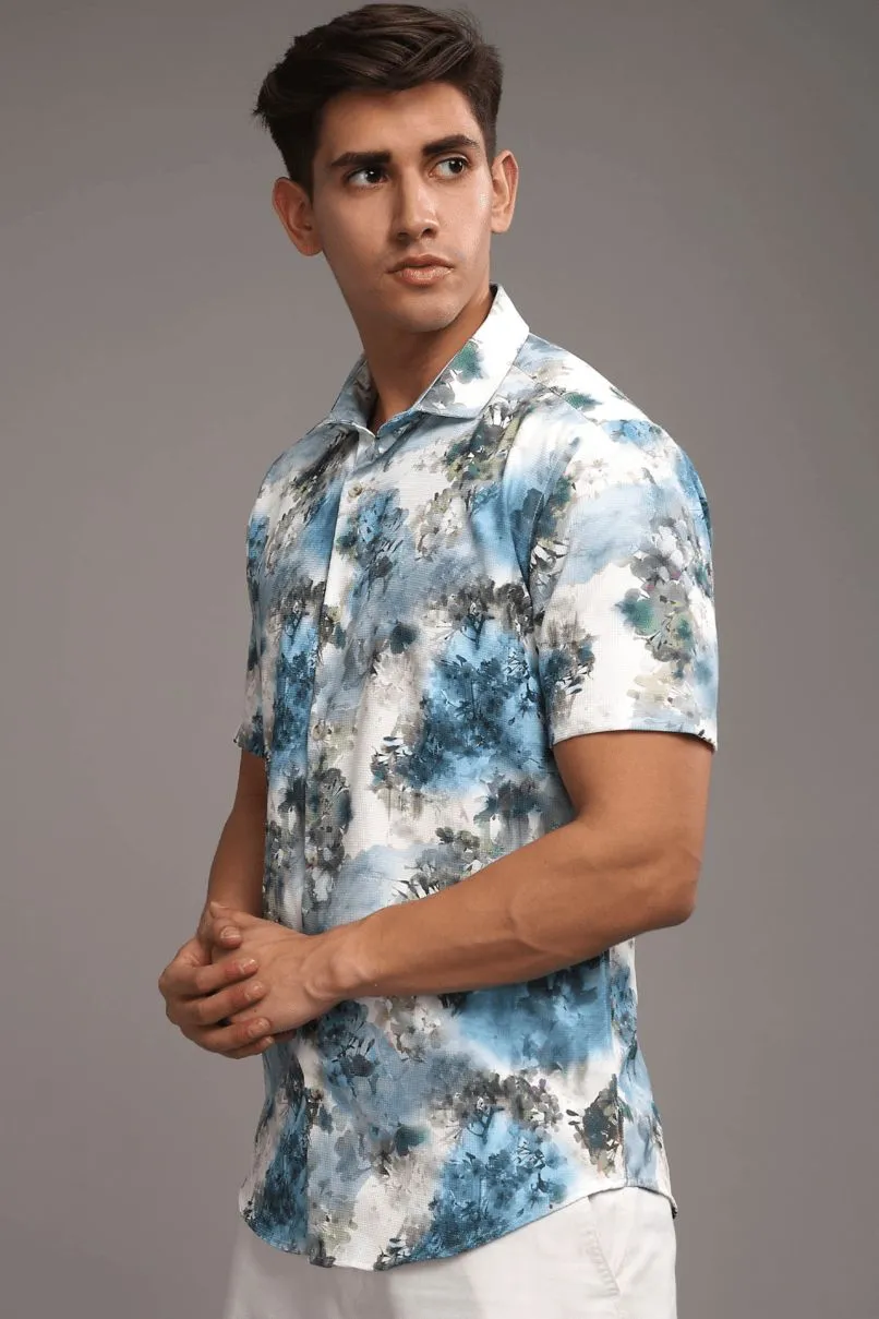 Pearl Blue Leaf Printed shirt - Half - Wrinkle Free