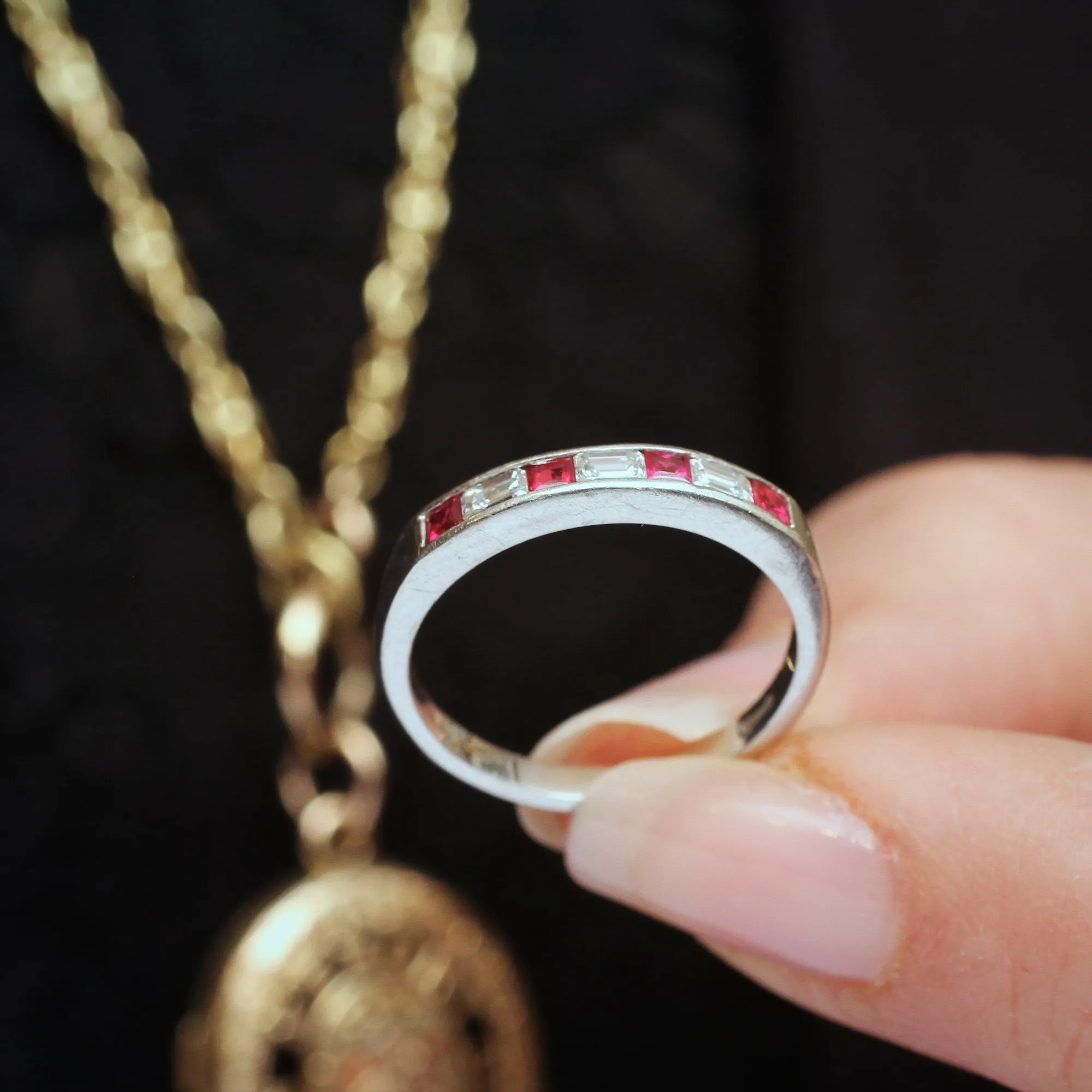 Pristine Ruby and Emerald Cut Diamond Band