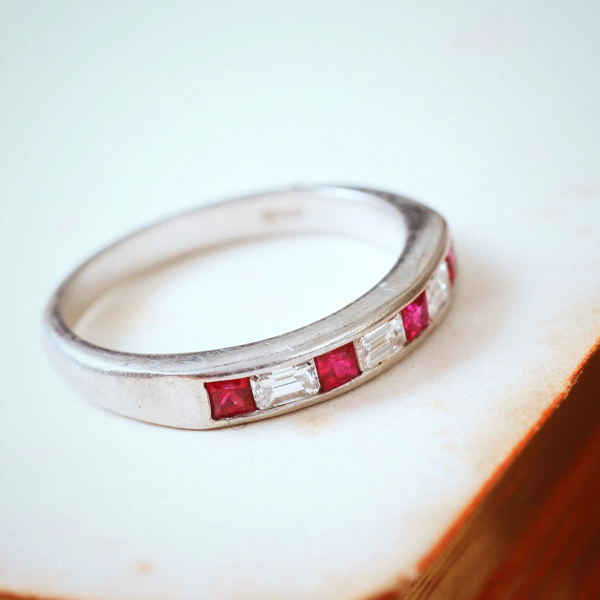 Pristine Ruby and Emerald Cut Diamond Band