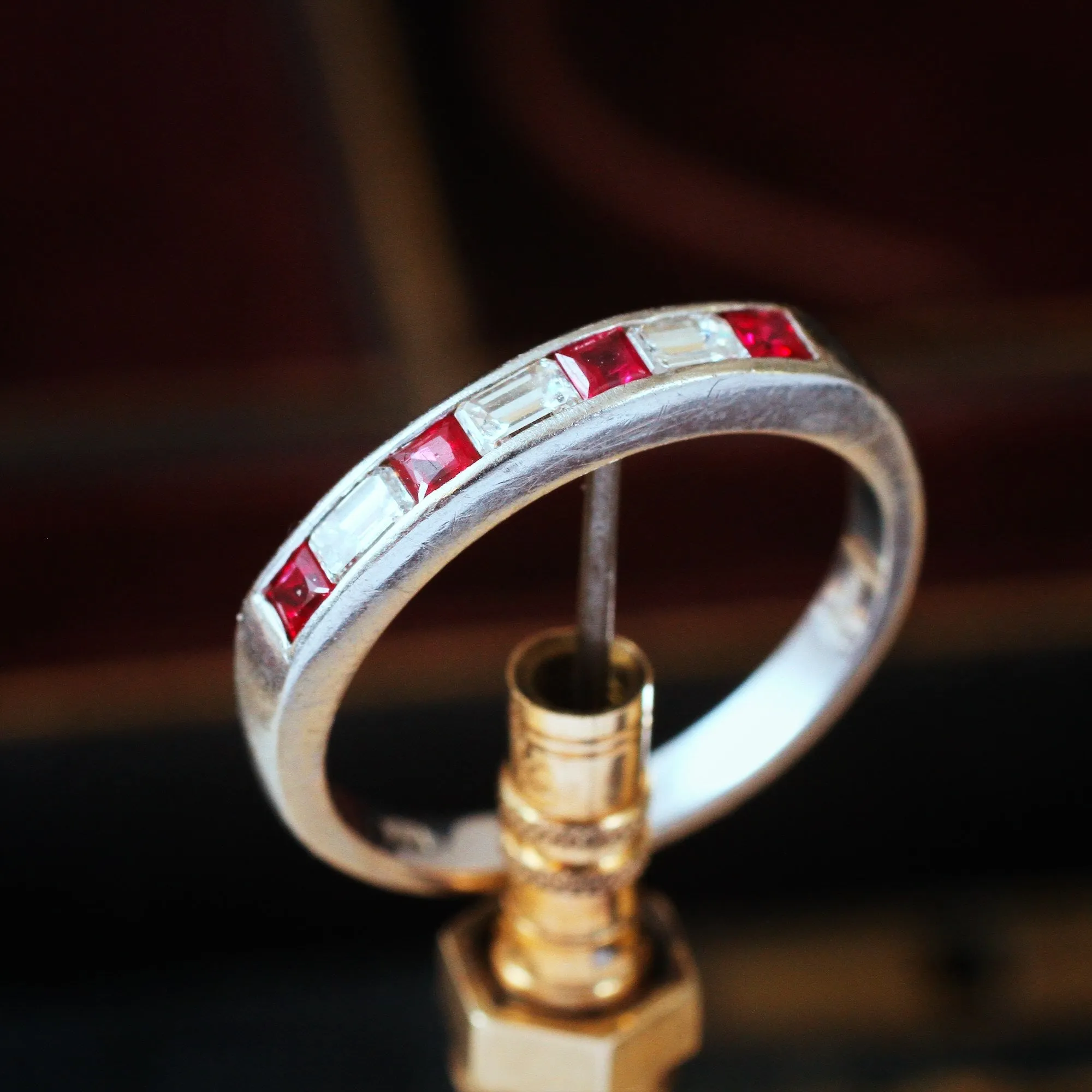 Pristine Ruby and Emerald Cut Diamond Band