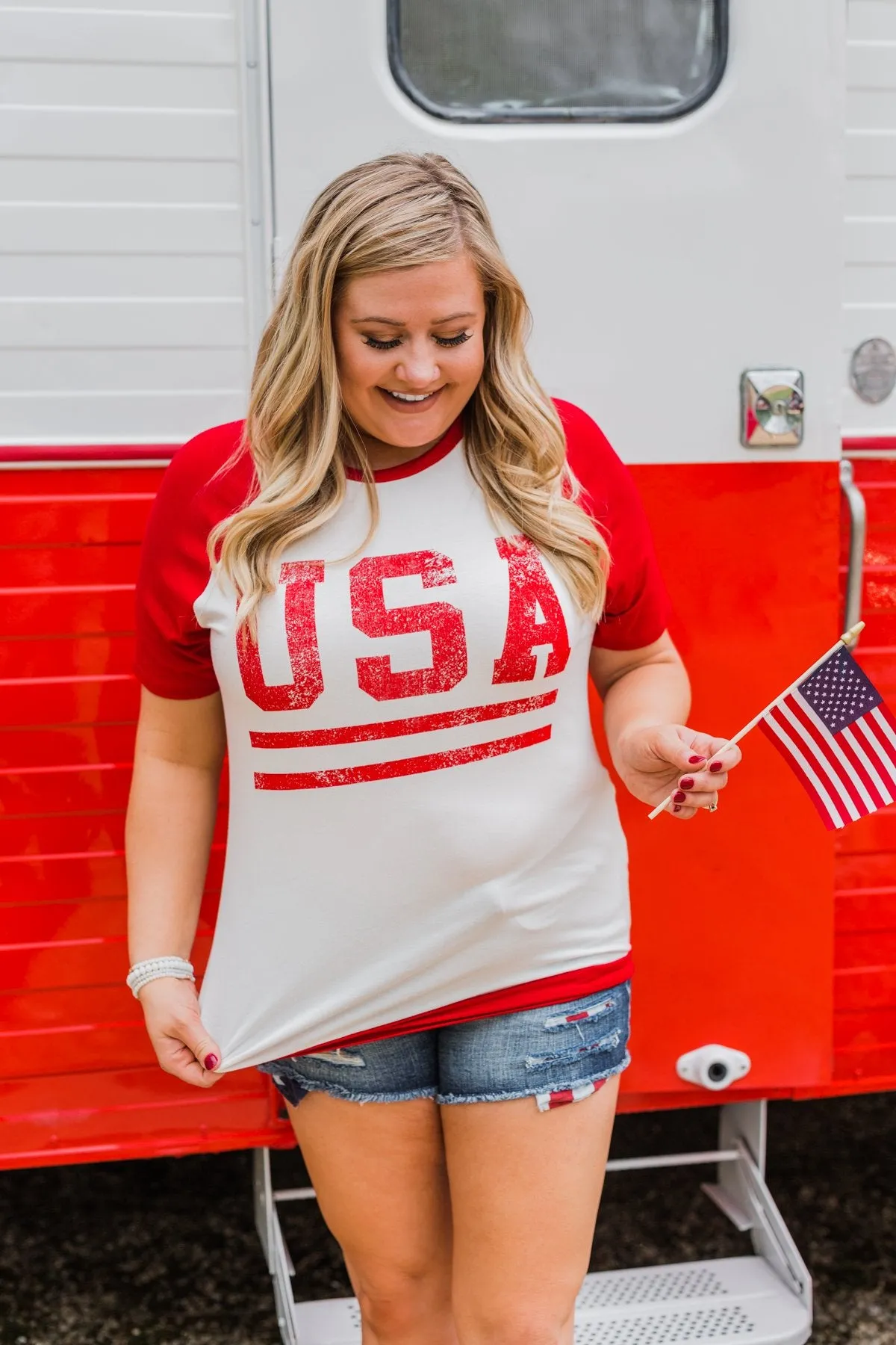 "USA" Graphic Raglan Top- Red