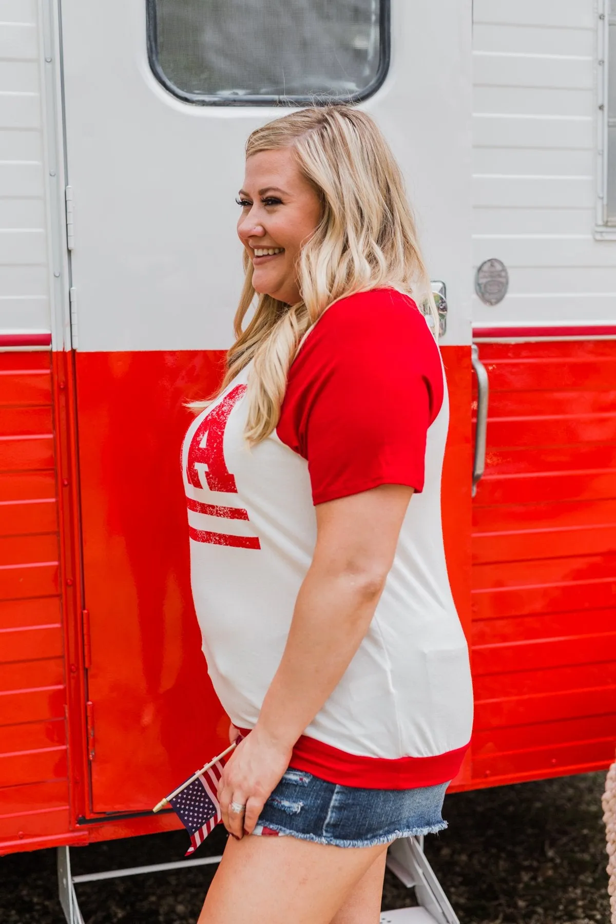 "USA" Graphic Raglan Top- Red