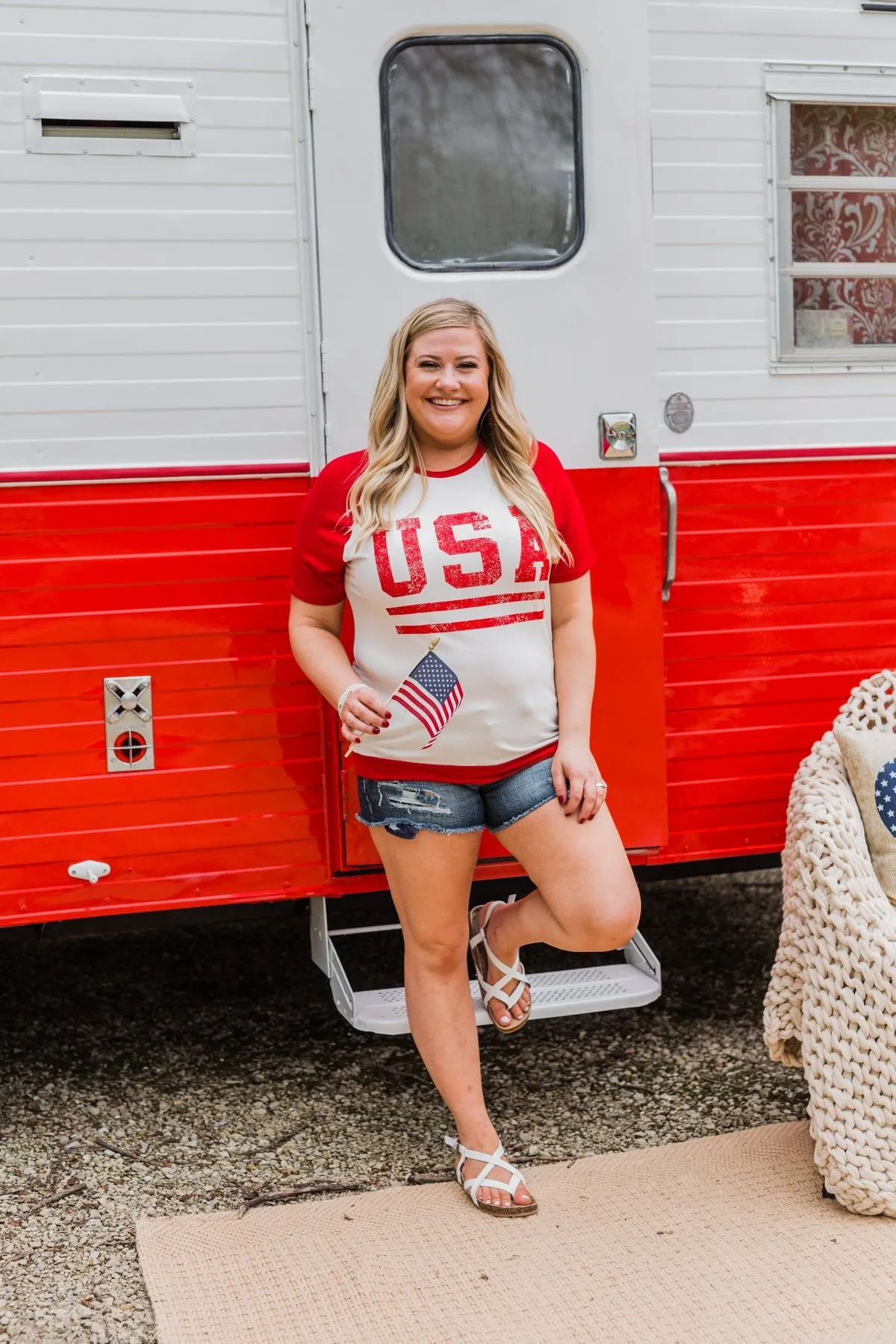 "USA" Graphic Raglan Top- Red