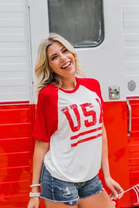 "USA" Graphic Raglan Top- Red