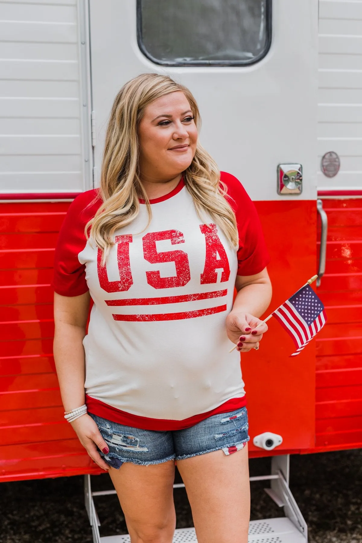 "USA" Graphic Raglan Top- Red