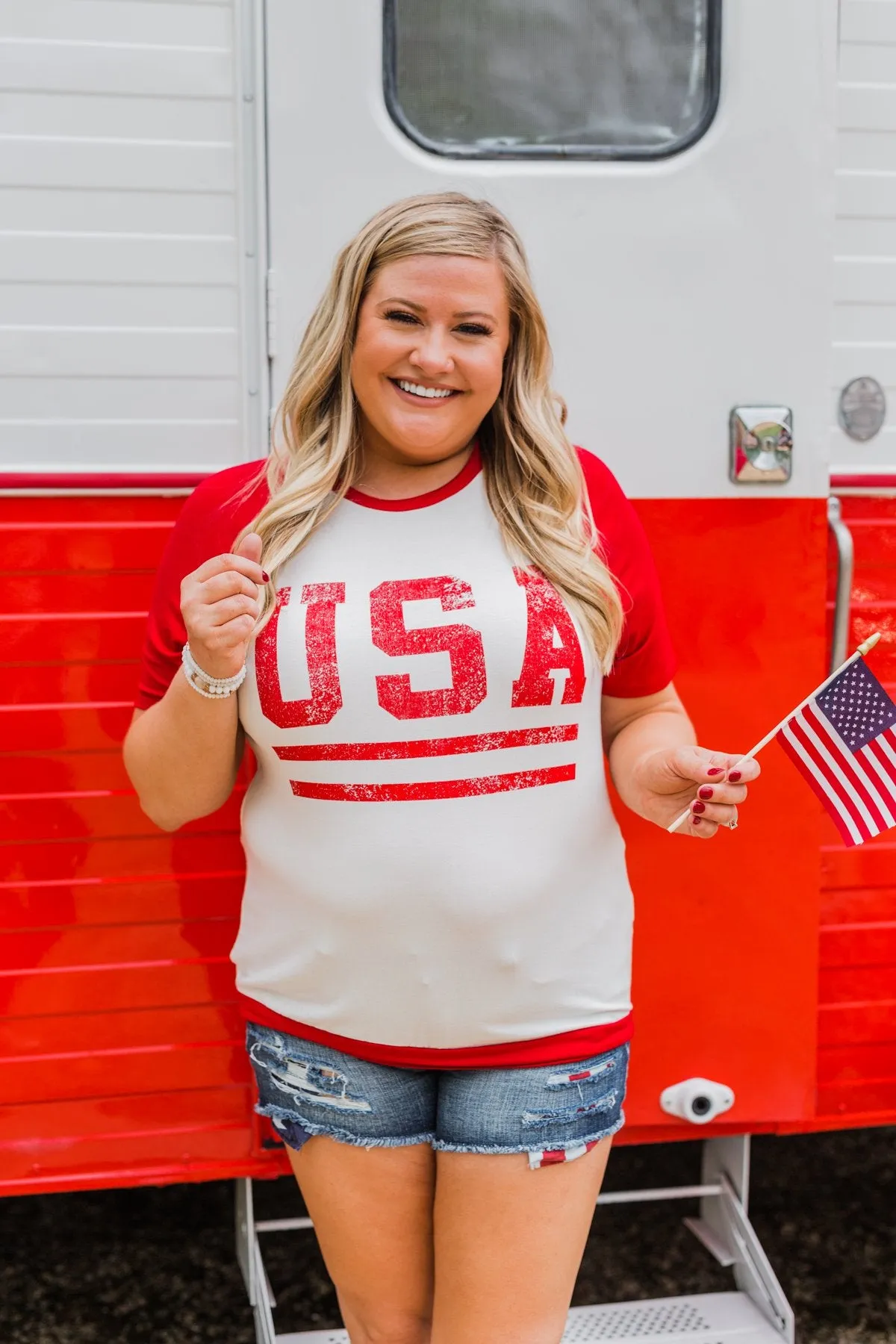 "USA" Graphic Raglan Top- Red