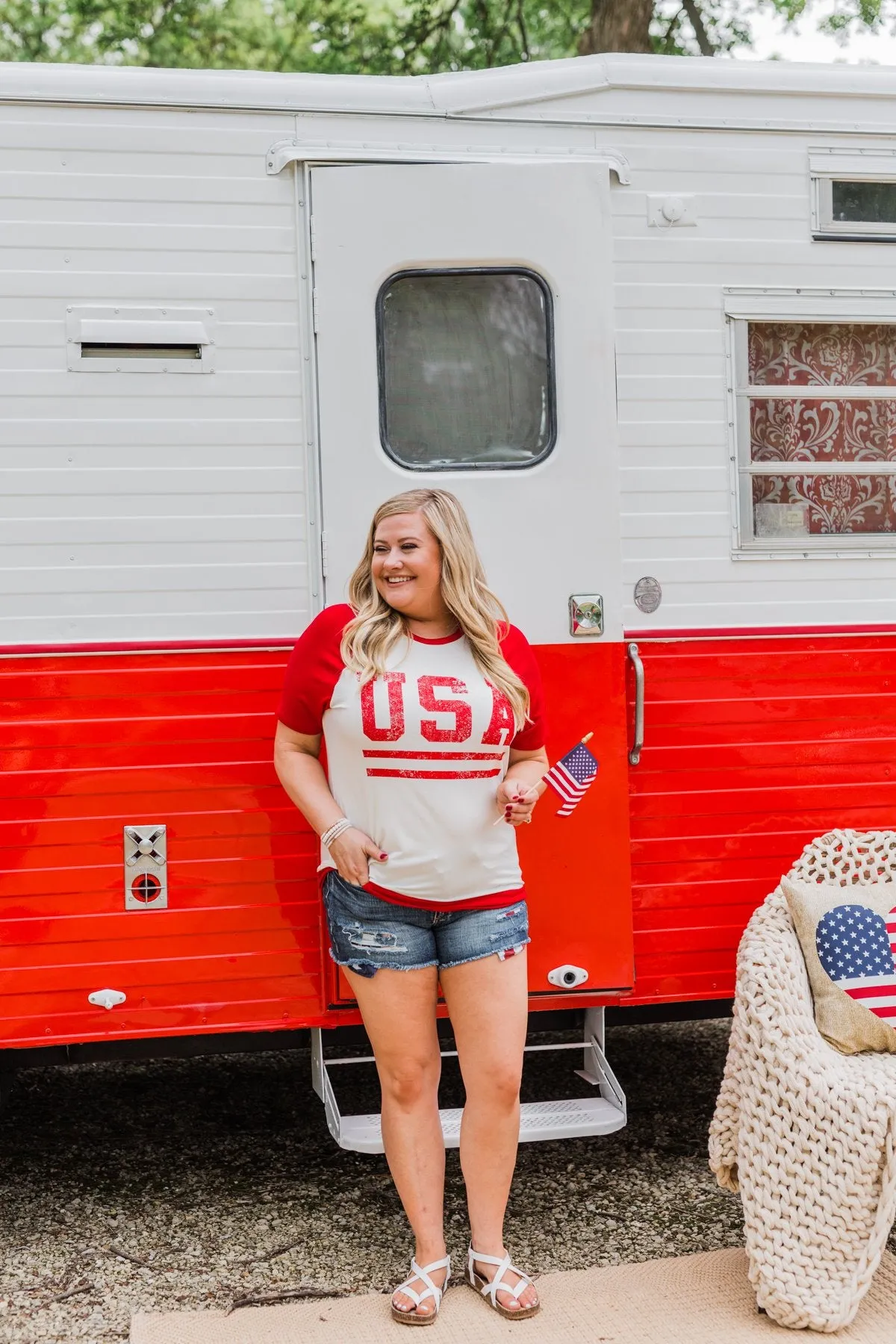 "USA" Graphic Raglan Top- Red