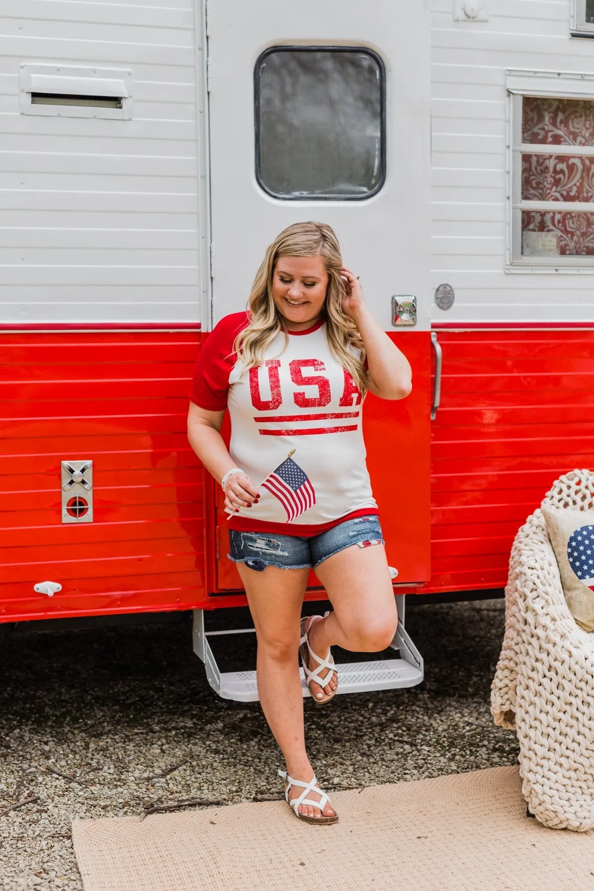 "USA" Graphic Raglan Top- Red