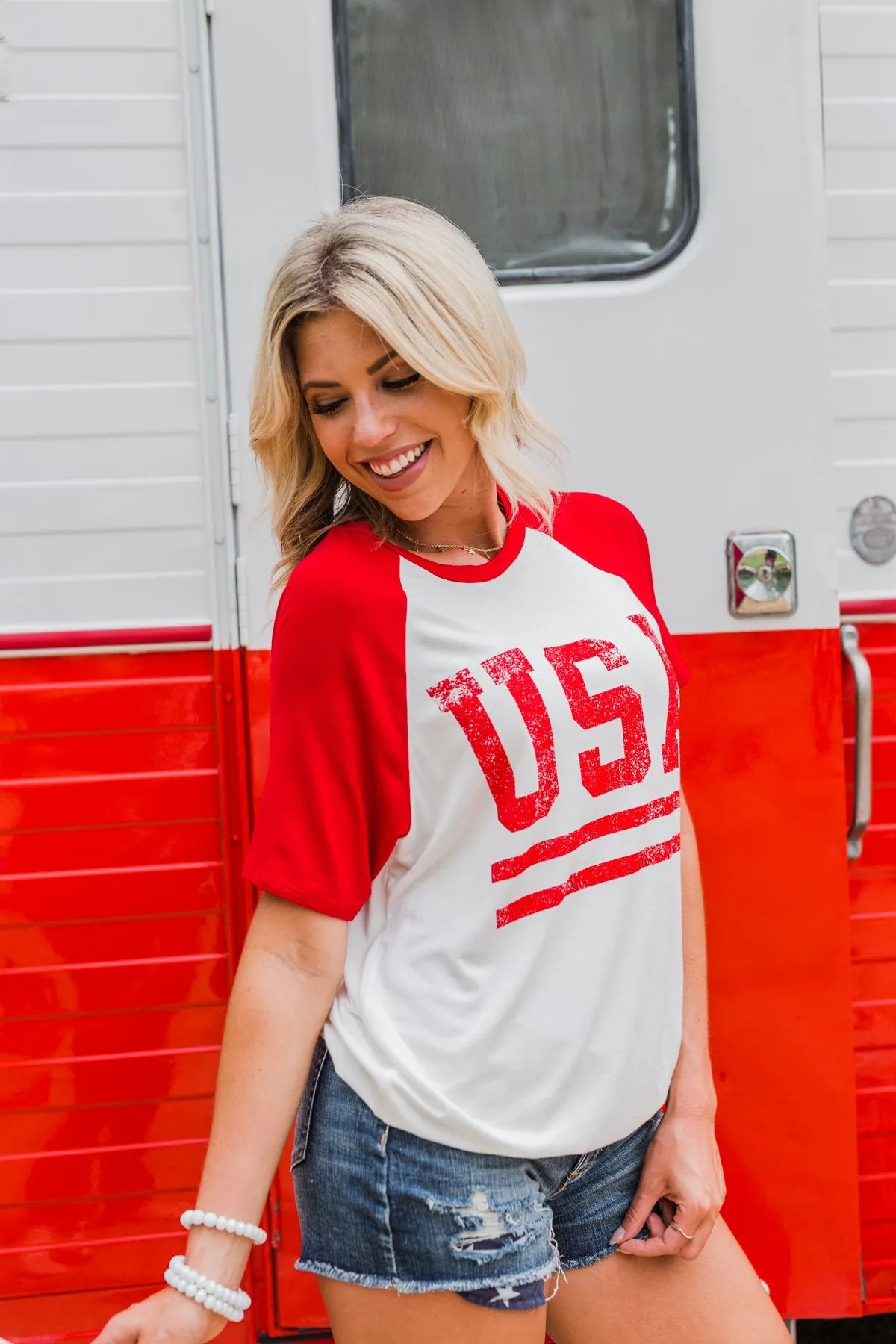 "USA" Graphic Raglan Top- Red