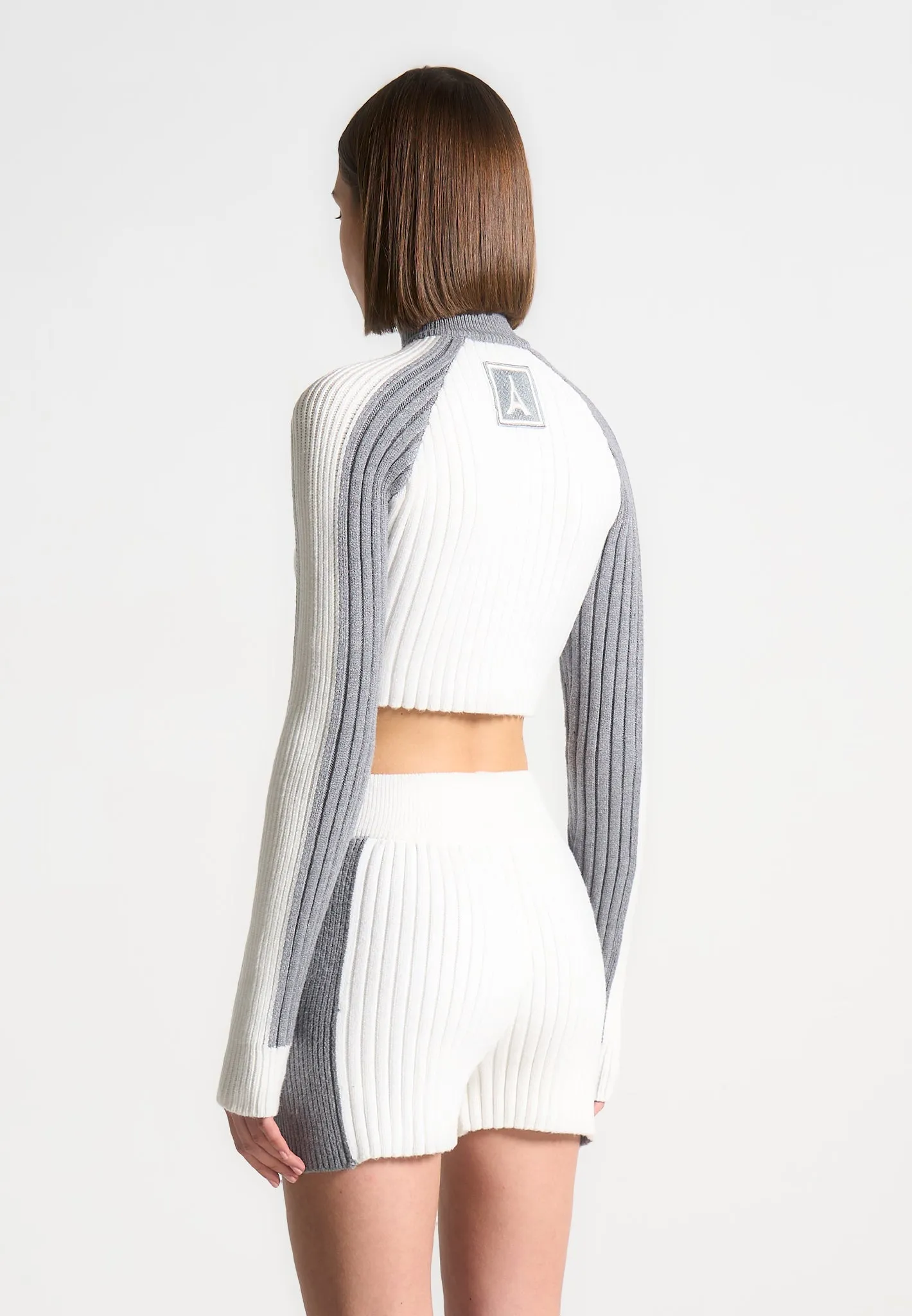 Rib Knit Track Jacket - Off White/Grey