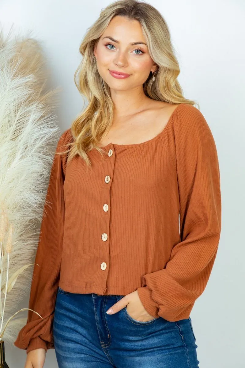 Ribbed Button Front Top