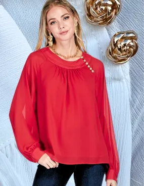 Rosette Button Long Sleeve Blouse