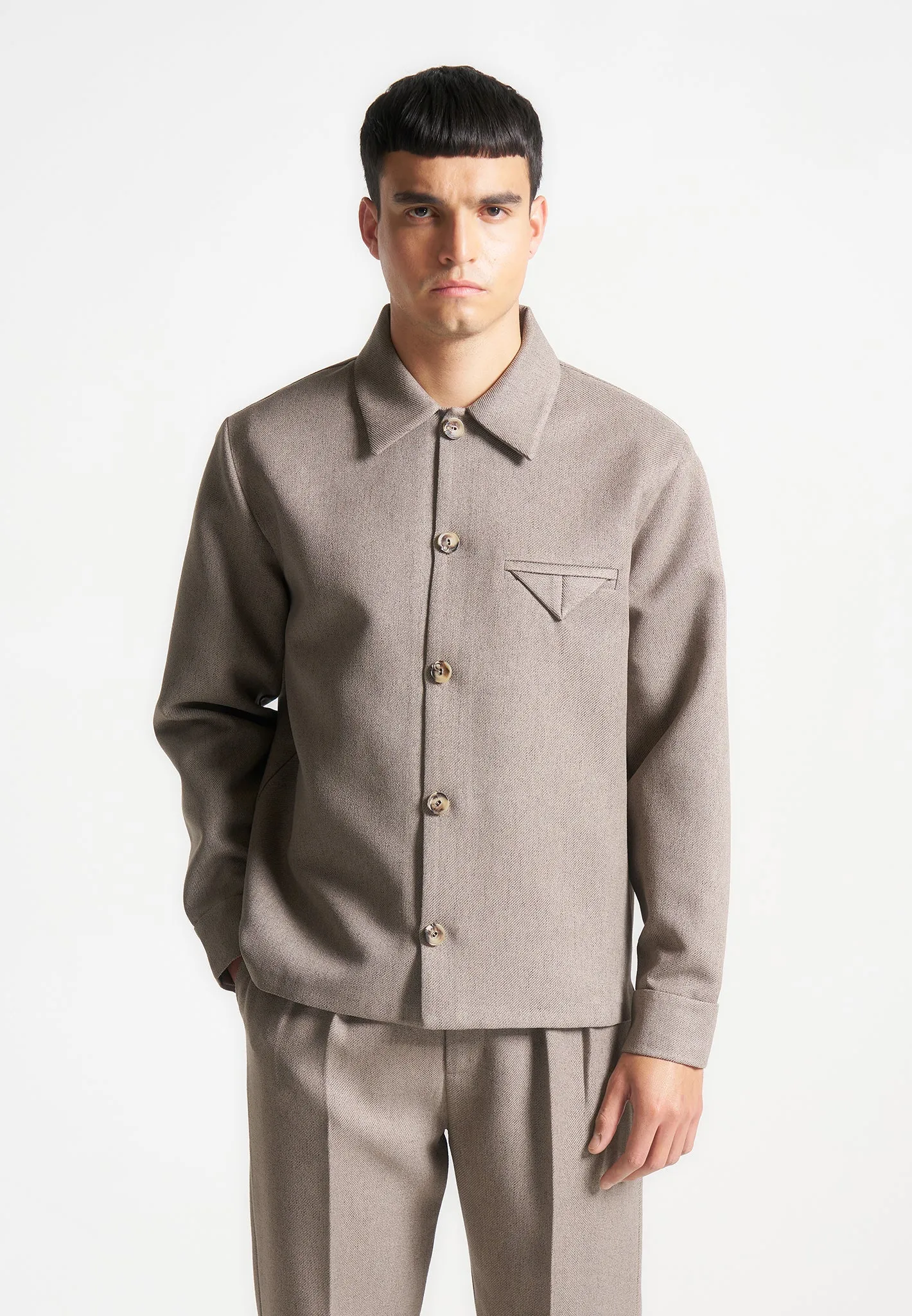 Textured Tailored Long Sleeve Overshirt - Taupe