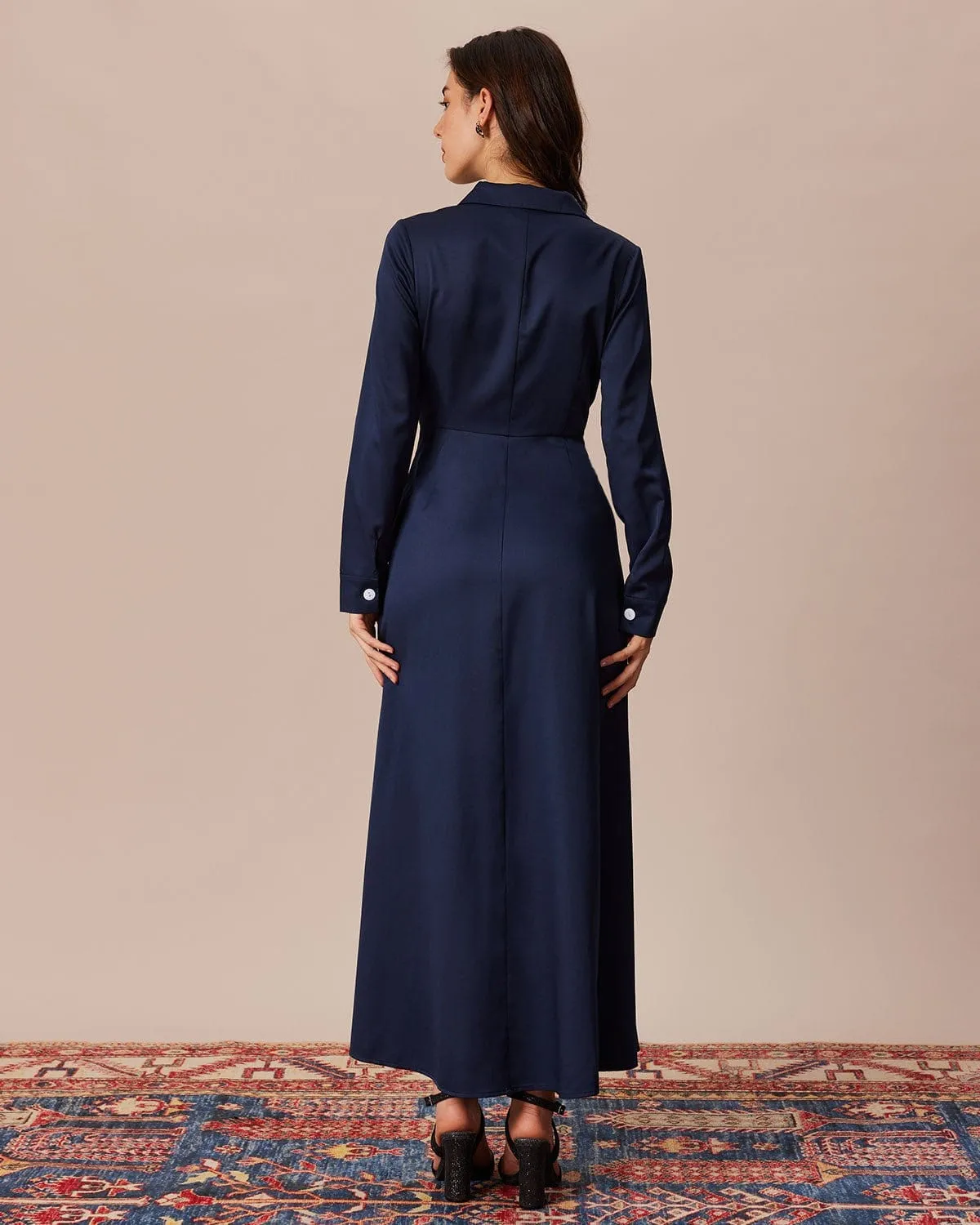 The Navy Lapel Single-Breasted Maxi Dress