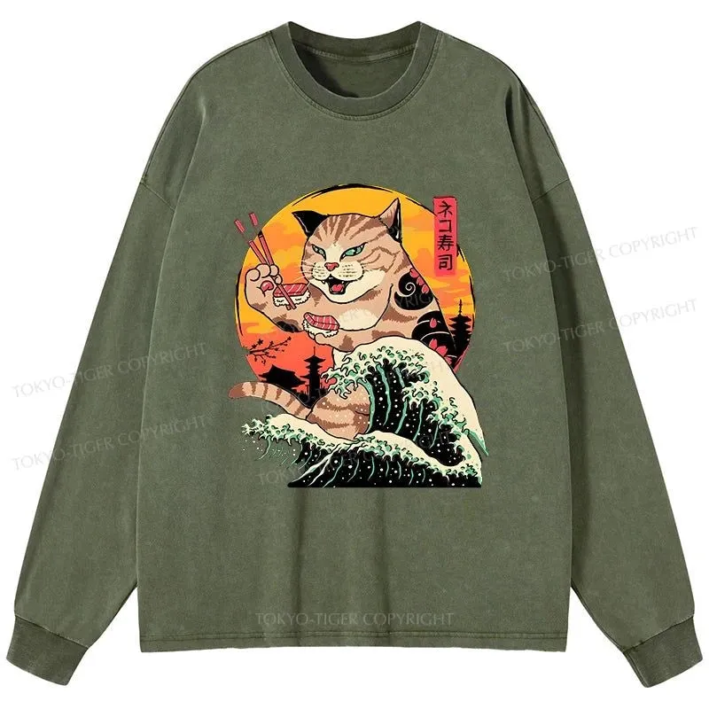 Tokyo-Tiger CatZilla Eating Sushi Japanese Wave Washed Long Sleeve T-Shirt