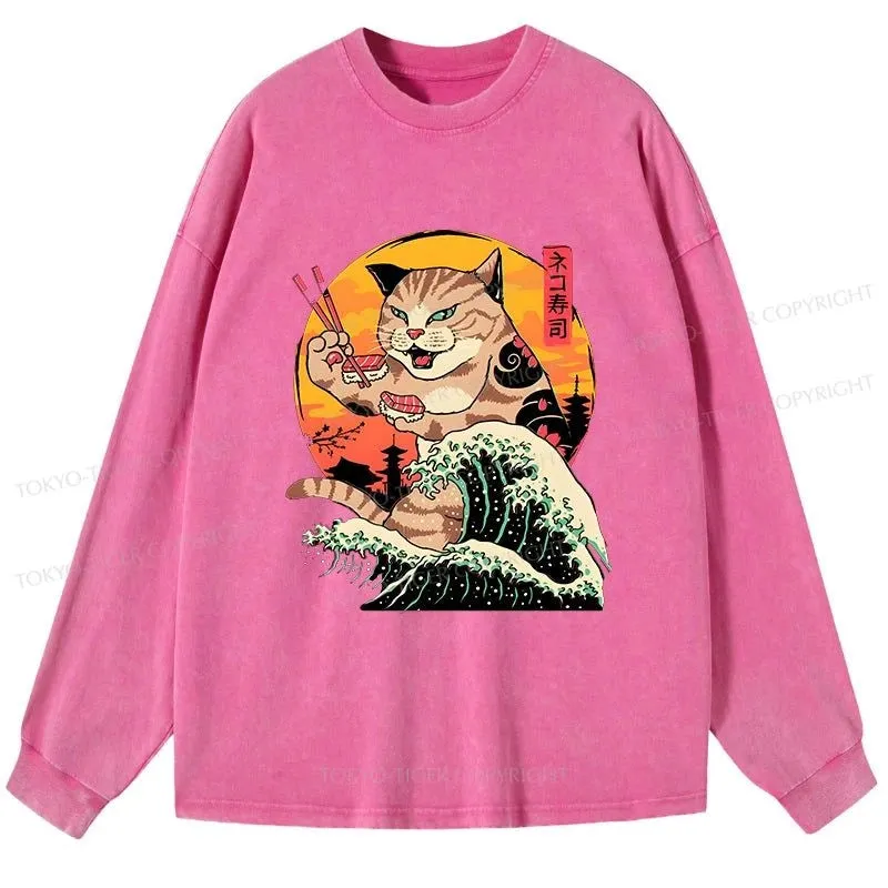 Tokyo-Tiger CatZilla Eating Sushi Japanese Wave Washed Long Sleeve T-Shirt