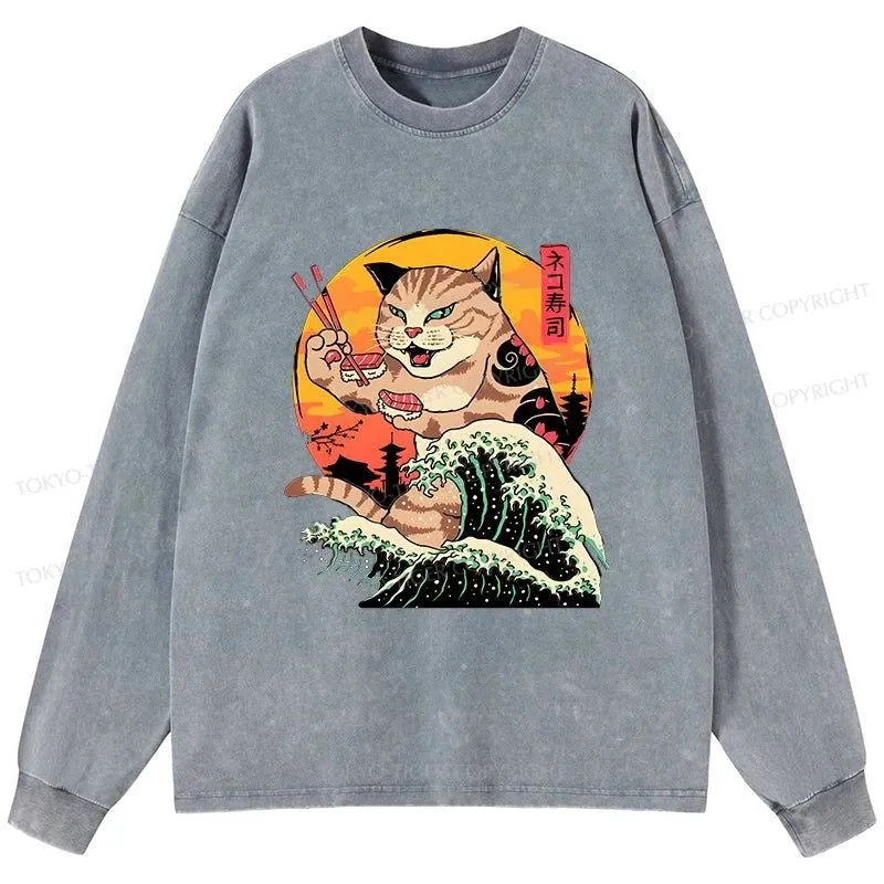 Tokyo-Tiger CatZilla Eating Sushi Japanese Wave Washed Long Sleeve T-Shirt