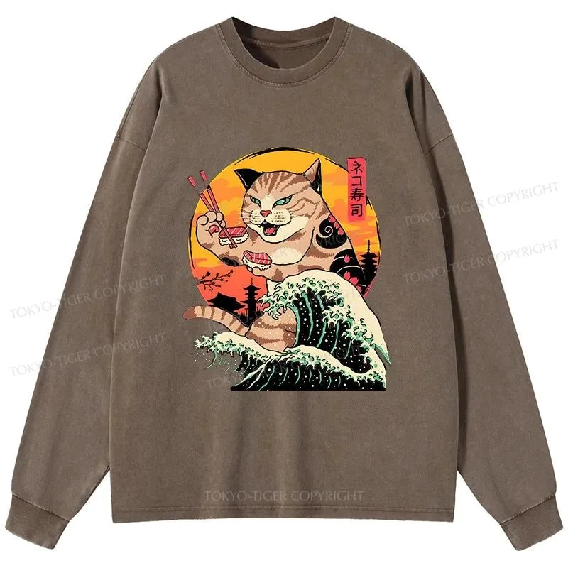 Tokyo-Tiger CatZilla Eating Sushi Japanese Wave Washed Long Sleeve T-Shirt