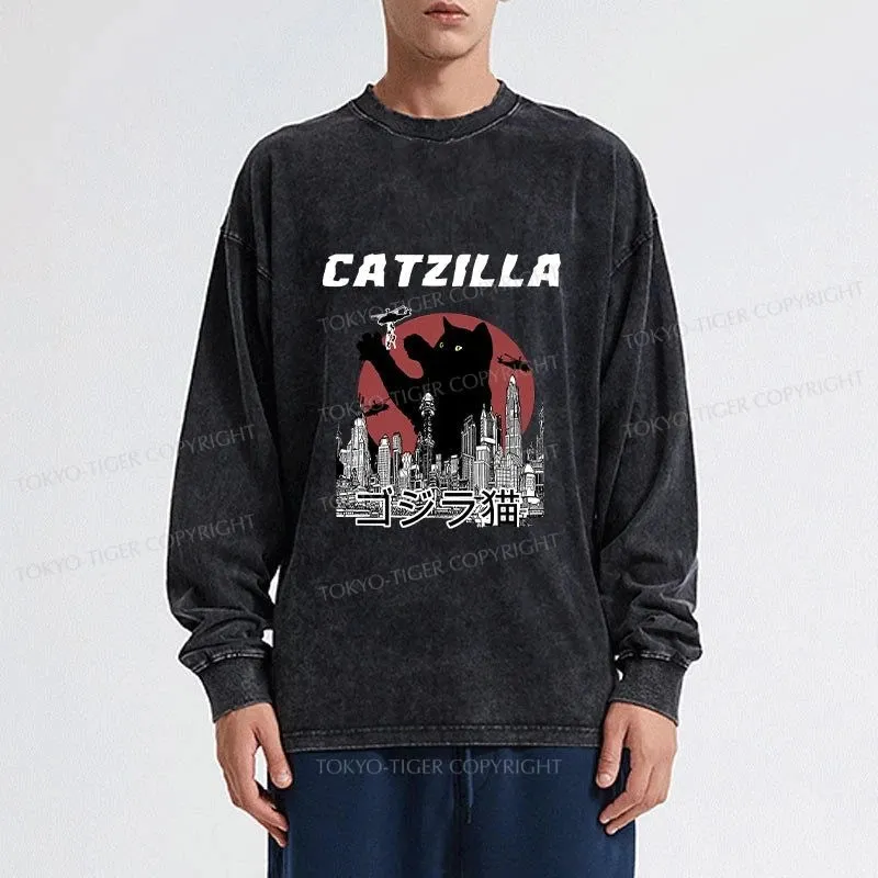 Tokyo-Tiger Catzilla Vintage Washed Long Sleeve T-Shirt