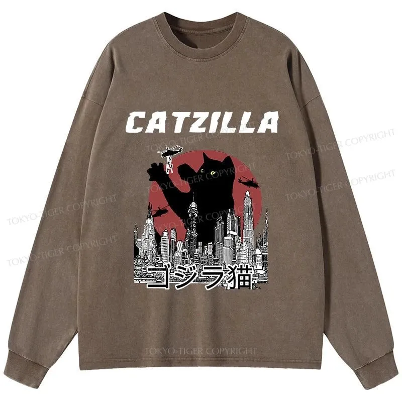 Tokyo-Tiger Catzilla Vintage Washed Long Sleeve T-Shirt