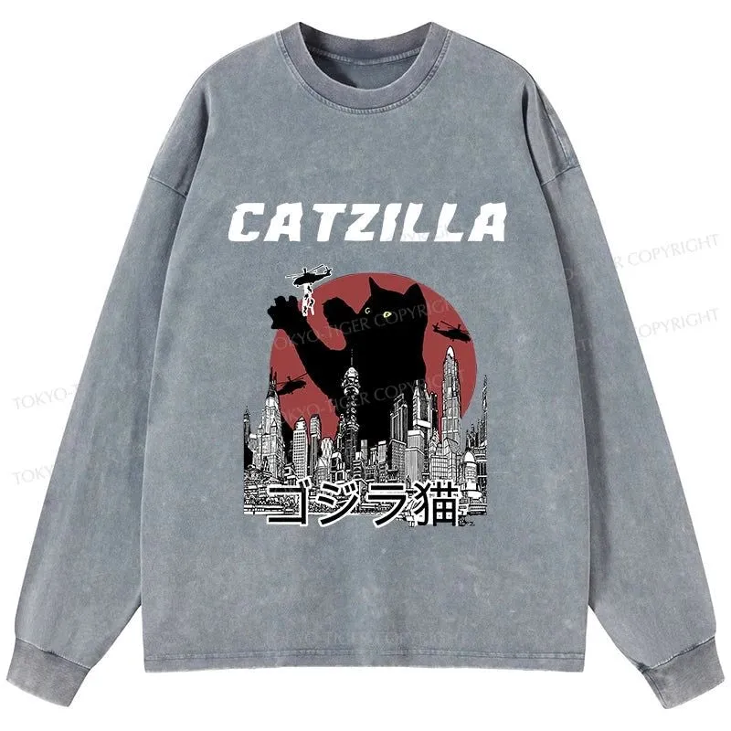 Tokyo-Tiger Catzilla Vintage Washed Long Sleeve T-Shirt