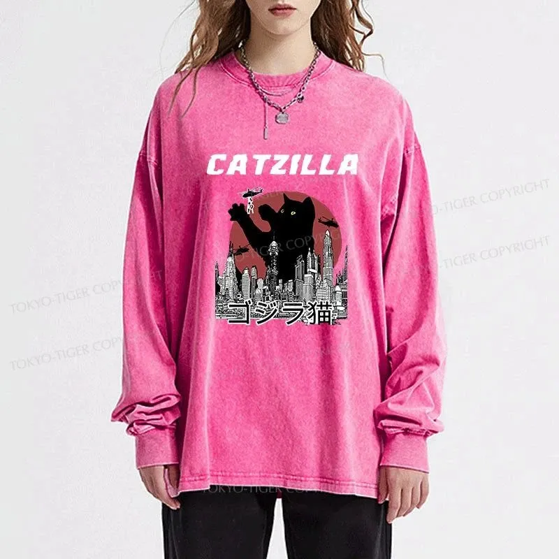 Tokyo-Tiger Catzilla Vintage Washed Long Sleeve T-Shirt