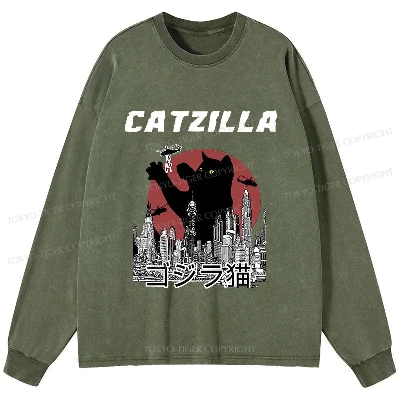 Tokyo-Tiger Catzilla Vintage Washed Long Sleeve T-Shirt