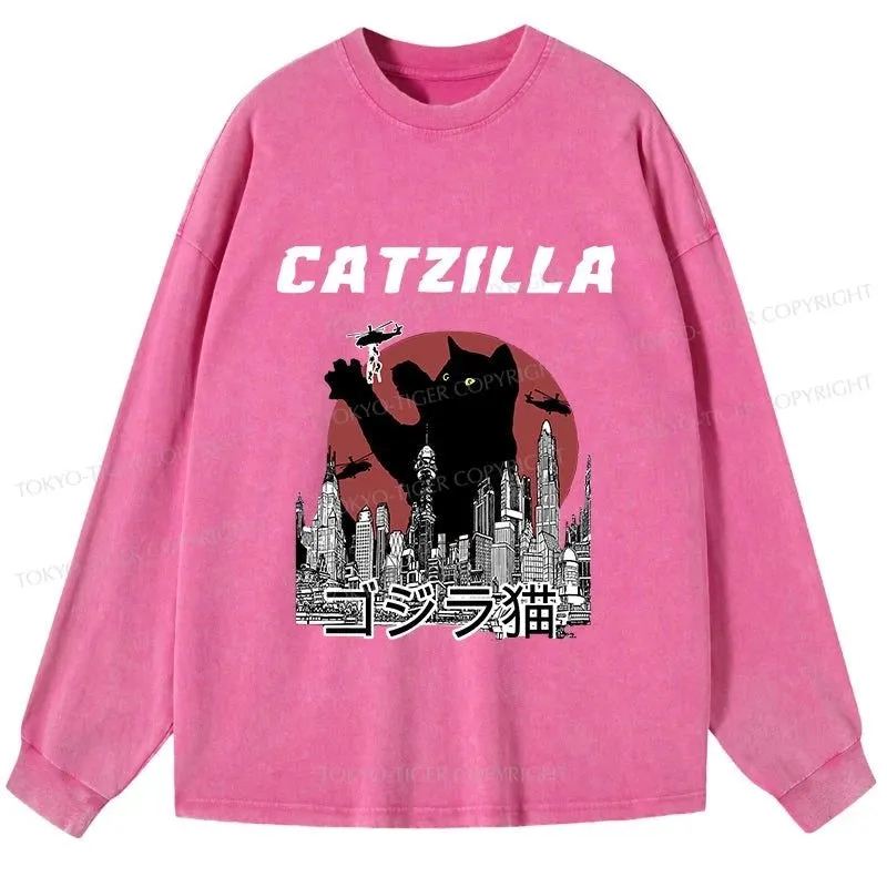 Tokyo-Tiger Catzilla Vintage Washed Long Sleeve T-Shirt