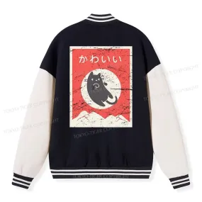 Tokyo-Tiger Cute Black Cat Japanese Embroidery Varsity Jacket