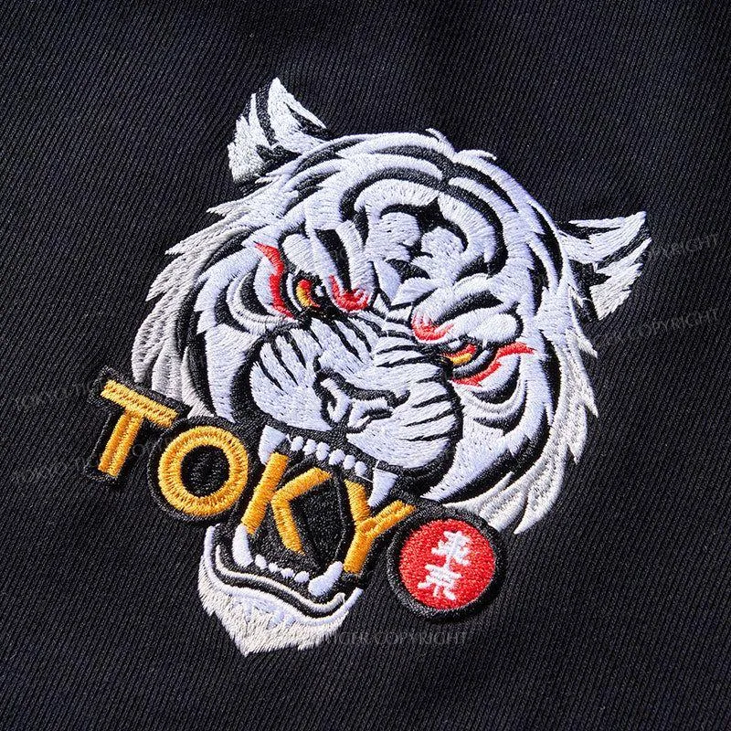 Tokyo-Tiger Cute Black Cat Japanese Embroidery Varsity Jacket