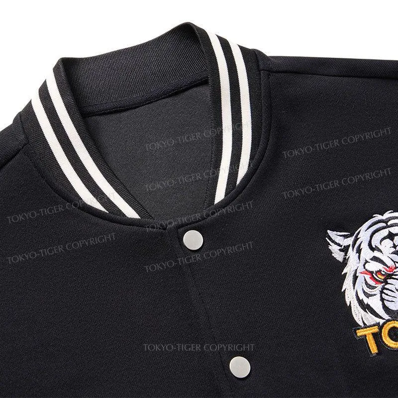 Tokyo-Tiger Cute Black Cat Japanese Embroidery Varsity Jacket