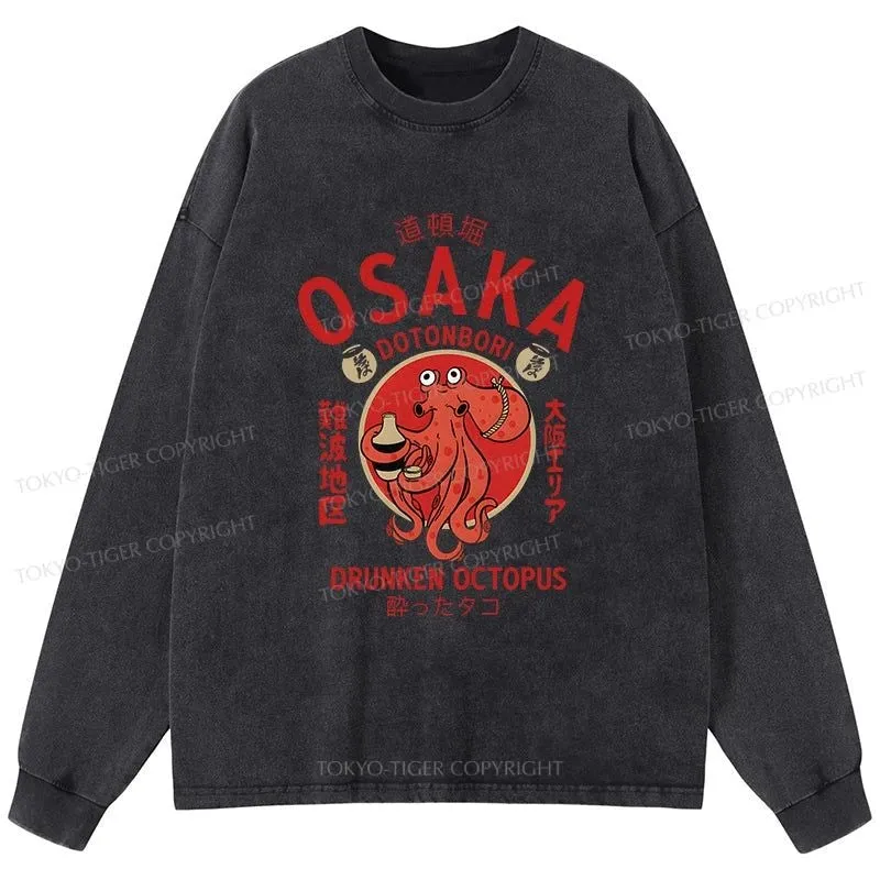 Tokyo-Tiger Drunken Octopus Japan Washed Long Sleeve T-Shirt