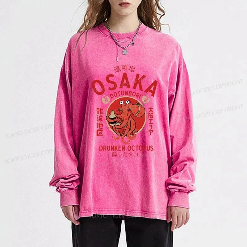 Tokyo-Tiger Drunken Octopus Japan Washed Long Sleeve T-Shirt