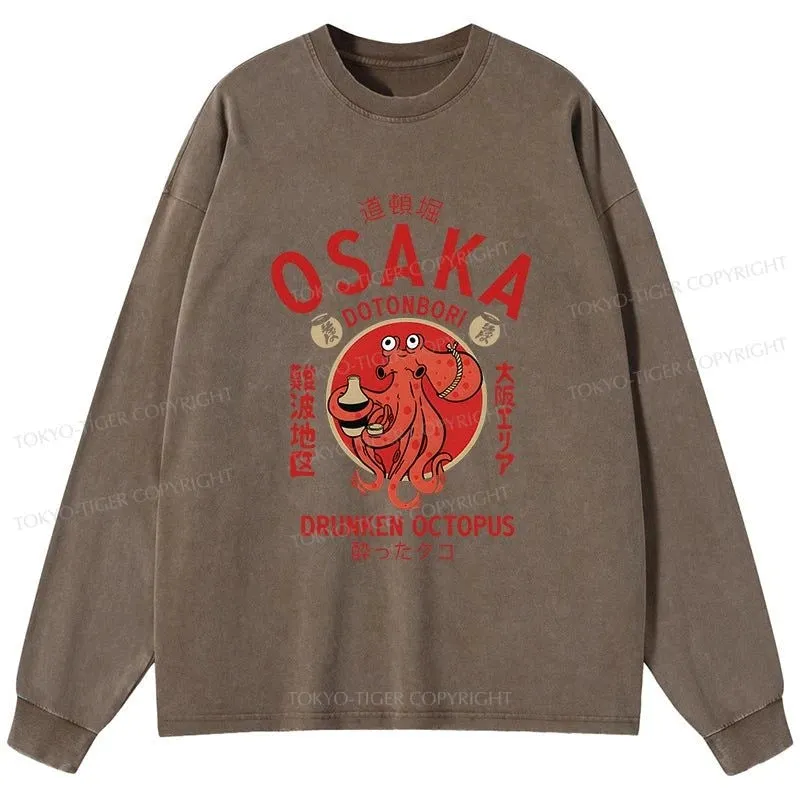 Tokyo-Tiger Drunken Octopus Japan Washed Long Sleeve T-Shirt