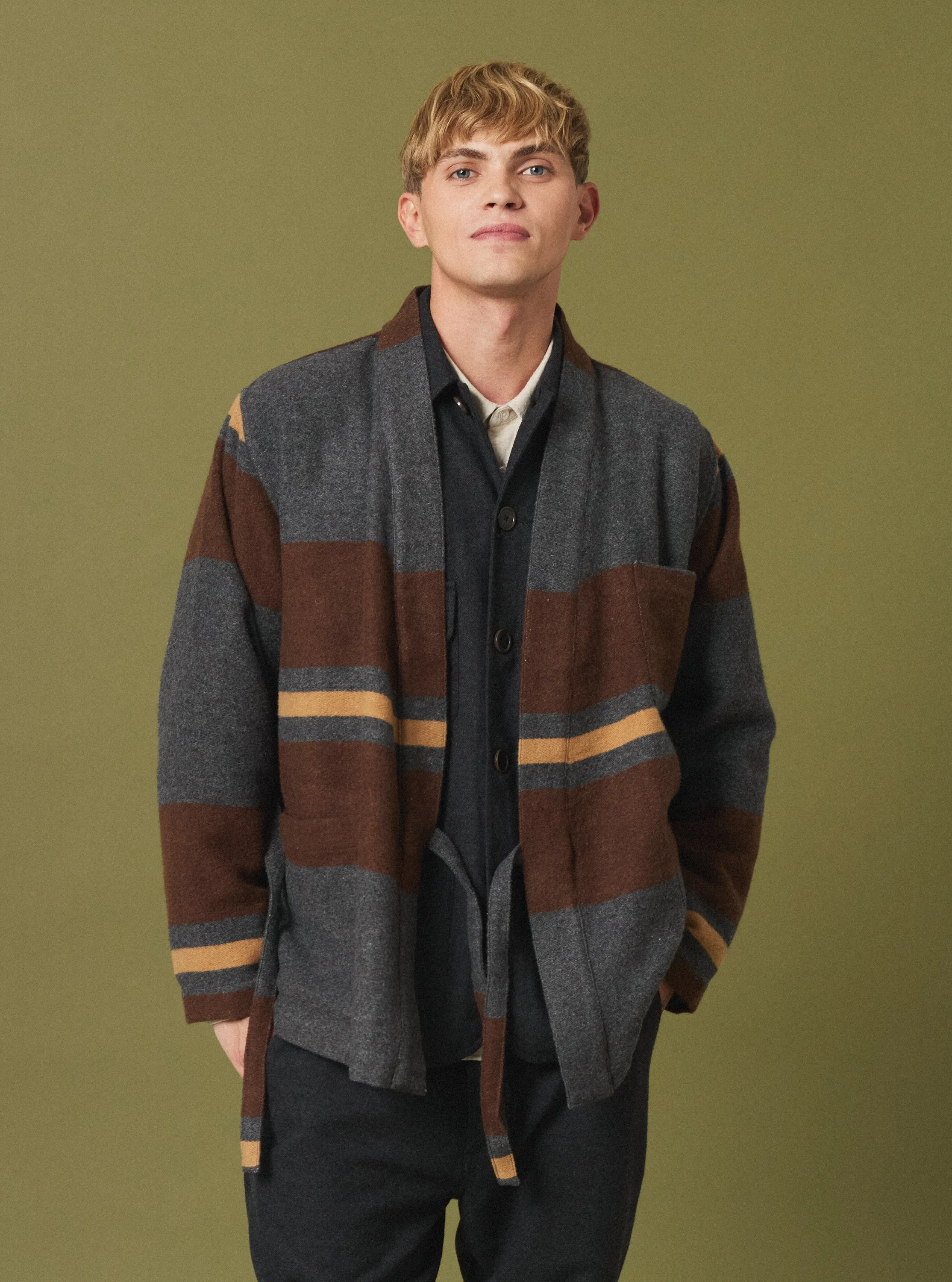 Universal Works Kyoto Work Jacket in Charcoal Stripe Blanket Wool Mix