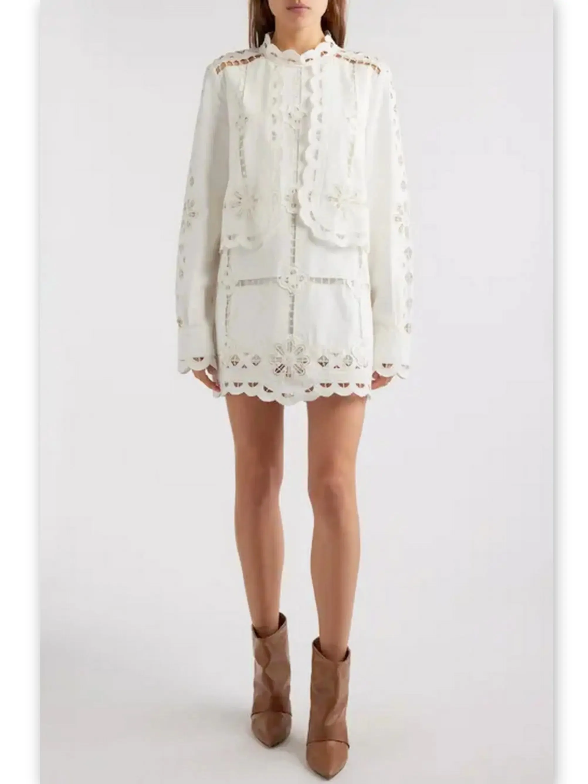 Women’s Broderie Anglaise Eyelet Long-Sleeve Mini Dress