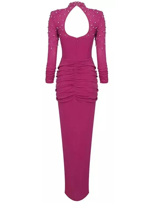 Women’s Crystal-Embellished Long-Sleeve Corset Dress in Fuchsia